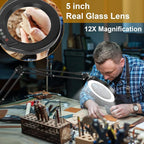 VEEMAGNI 5 Inch Large Magnifying Glass with Light and Stand, 5 Color Modes Stepless Dimmable, 2*16 Inch Swivel Arm LED Clamp Desk Lamp, Hands Free 12X Lighted Magnifier for Close Work Crafts Soldering