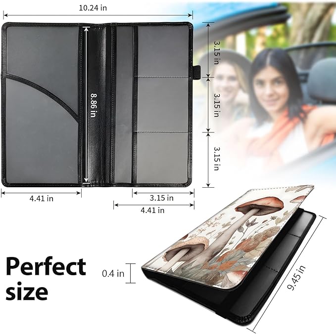 Car Registration and Insurance Holder, Leather Car Glove Box Organizer, Cool Car Accessories for ID, Driver's License Cards & Essential Document,business cards,Men&Women,Mushroom Flower