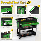 3 Tier Rolling Tool Cart on Wheels, 550 LBS Tool Cart with Drawers，Heavy Duty Utility Cart with Pegboard and Hooks，Mechanic Tool Storage Cart for Garage, Warehouse (Black-Green)
