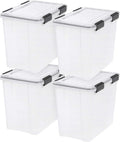 IRIS USA WeatherPro 32 Qt Storage Bins with Lids, 4 Pack, BPA-Free Plastic Gasket Box with Tight Latch and Seal, Stackable Nestable Tote Tub - Clear/Black