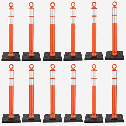 RoadHero 42 Inch Delineator Post with Base, Portable Orange Traffic Delineator Posts Cones with Reflective Collars for Parking Lots, Road Safety, Construction Events (12 Pack)