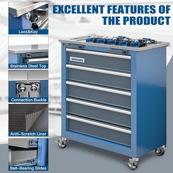 LARBANKE 5-Drawer&8-Drawer Tool Chest combination,with Universal Brake Wheels and Padded Feet,Tool Cabinet with Stainless Tabletop,Rolling Tool Chest Can be Connected Together with Connectiong Buckle