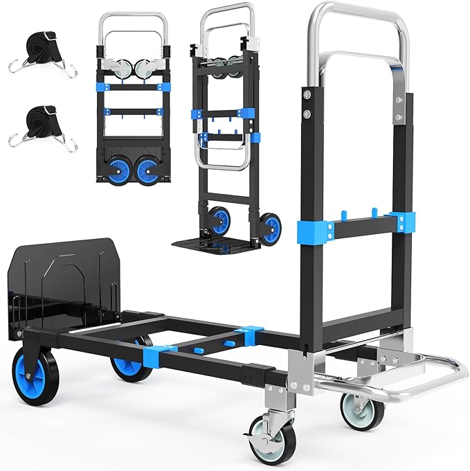 3-in-1 Heavy Duty Folding Hand Truck, 500LB Capacity Convertible Steel Dolly Cart with 360° Swivel Wheels & Telescopic Handle, Foldable Utility Wagon for Moving, Warehouse and Shopping