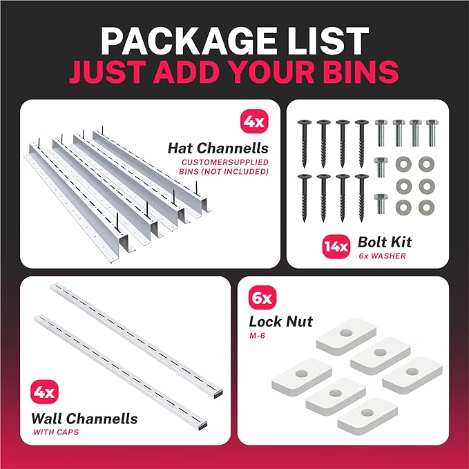 Adjustable Over Head Garage Bin Storage System Tote Lift Pro Overhead Storage Rack – Ceiling Mounted Bin Organizer System – Heavy Duty Ezy Strut & Hat Channel Design – 90" x 25" x 4" (Pack G)