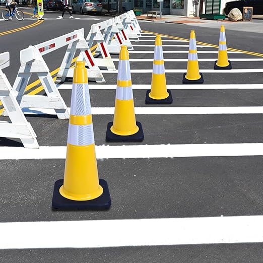 6 Pack 28 Inch Yellow Reflective Traffic Cones, Heavy Duty Black Base Safety Cones for Work Zones, Roadside Assistance and Maintenance Areas (6, Yellow, 28 Inch)