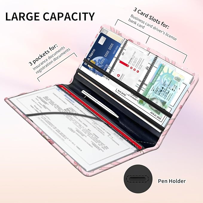 Premium Car Registration and Insurance Card Holder, Cute PU Leather Car Document Holder, Vehicle Glove Box Car Organizer with Magnetic Closure for Driver License, Cards Pink Rose Ribbon Bows