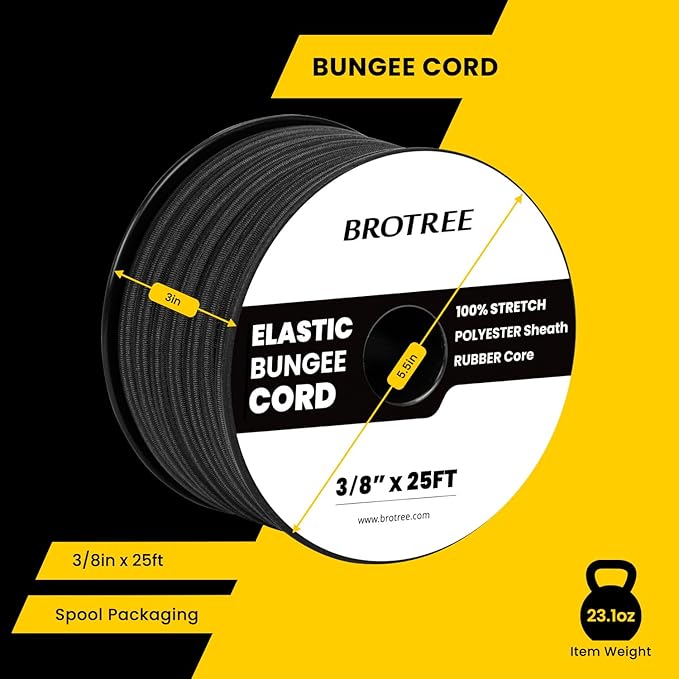 Bungee Cord Elastic Shock Cord 3/8" x 25' Bungee Rope for DIY, Tie Downs, Kayak and Outdoor - Black