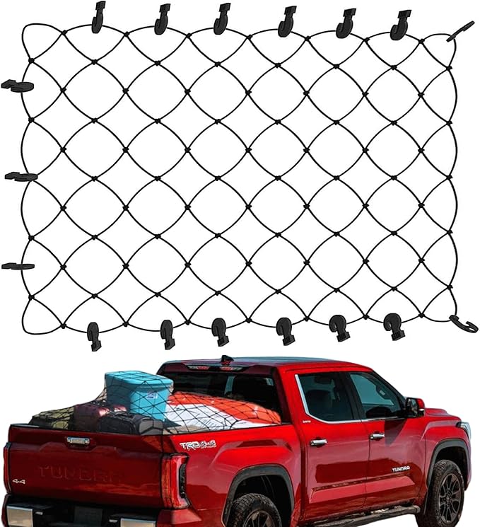 Cargo Net for Toyota Tundra - Fits 2007-2025 - Patented Bed Rail Integration - Heavy Duty 8mm Premium Bungee 4'x6' Cargo Netting - Designed in USA