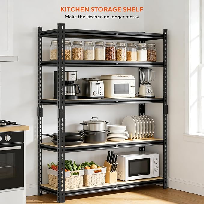 5 Tier Garage Shelving, Adjustable Heavy Duty Garage Shelves,Metal Storage Shelves Unit for Basement,Warehouse,Pantry Kitchen