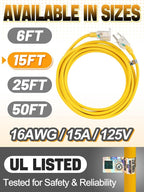 Lighted End Heavy Duty Outdoor Extension Cord Waterproof -16AWG, 3 Prong, 15A, 1875W, Flexible Yellow Power Extension Cord for Outsides, 15ft