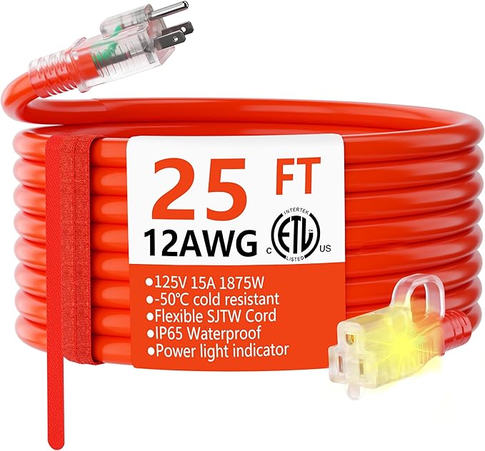 HUANCHAIN 12/3 Gauge Heavy Duty Outdoor Extension Cord 25 ft Waterproof with Lighted end, Flexible Cold-Resistant 3 Prong Electric Cord Outside, 15Amp 1875W 12AWG SJTW, Orange, ETL