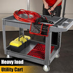 2 Tier Rolling Utility Cart on Wheels, 1000 lbs Capacity Plastic Service Cart with Lipped Shelves, 46 x 26-Inch Heavy Duty Work Cart for Warehouse, Garage, Cleaning, Gray