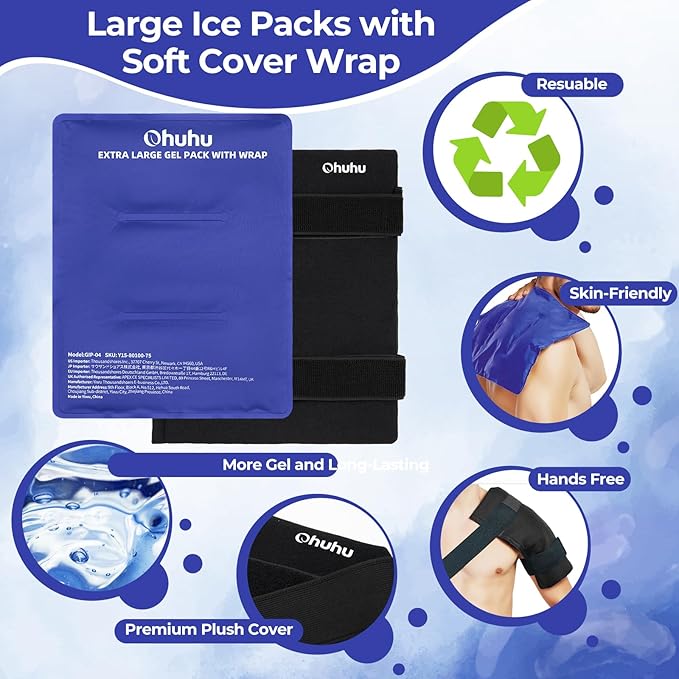 Ice Packs for Injuries 14" X 11": Ohuhu Hot Cold Gel Ice Pack X-Large Reusable Ice Packs with Wrap Flexible Pain Relief for Shoulder Legs Knee Back Hip Aches Injury Muscle Pain-Blue