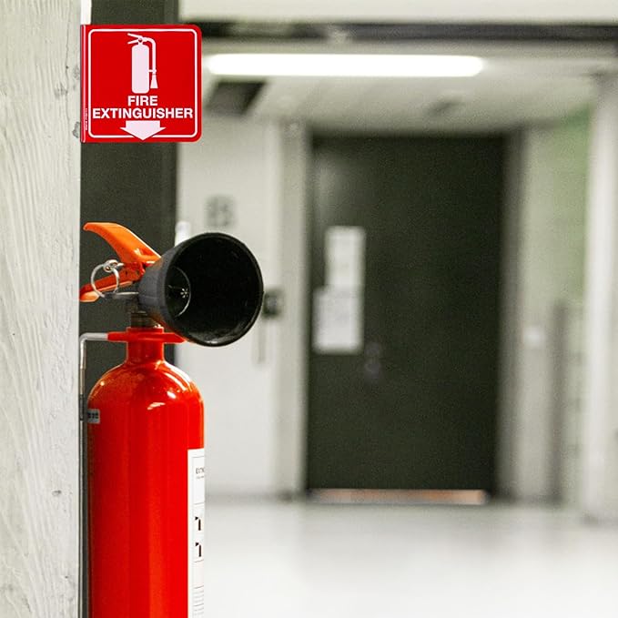 GicnKeuz Fire Extinguisher Sign, 6" x 6" Fire Extinguisher Projecting Sign with Down Arrow, Two-Sided Acrylic L-Signs, Including Screws, Easy to Install, Home Office/Business Use (8 Pack)