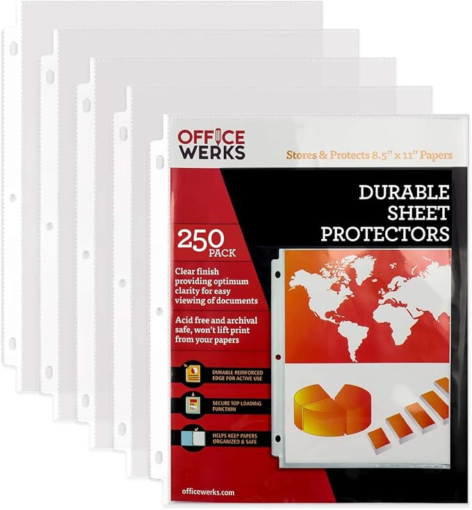 Office Werks 250 Sheet Protectors, 8.5 X 11 Inch Clear Page Protectors for 3 Ring Binder, Plastic Sheet Sleeves Protectors, Durable Top Loading Paper Protector with Reinforced Holes, Archival Safe