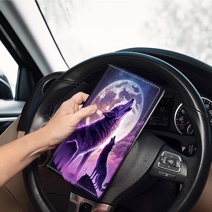 Car Registration and Insurance Holder, Leather Car Glove Box Organizer, Cool Car Accessories for ID, Driver's License Cards & Essential Document, business cards, Men&Women,Cool Wolf Moon