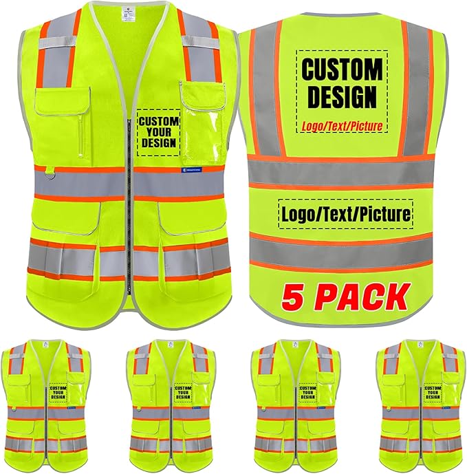 BeautyWill 5Pack Custom Logo Safety Vest 8 Pockets Class2 ANSI Certified High Visibility Reflective Vest for Men - Personalized Logo Heavy-Duty Work Vest（Yellow，M）