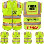 BeautyWill 5Pack Custom Logo Safety Vest 8 Pockets Class2 ANSI Certified High Visibility Reflective Vest for Men - Personalized Logo Heavy-Duty Work Vest（Yellow，L）