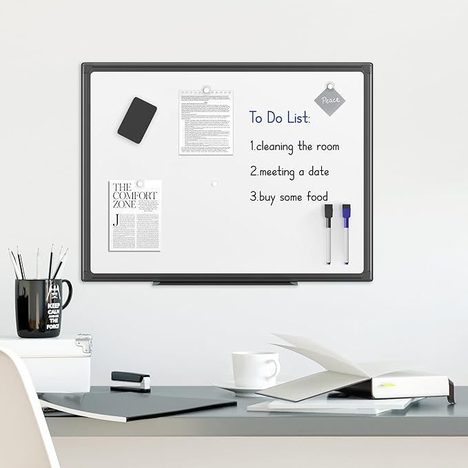 VUSIGN 24'' x 18'' Magnetic White Board for Wall, Dry Erase Board with Black Aluminium Frame, Hanging Whiteboard for Home, School,Office - Accessories Included