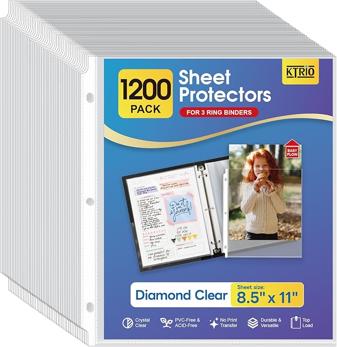 KTRIO 1200 Pack Sheet Protectors 8.5 x 11 inch, Clear Page Protector for 3 Ring Binder, Plastic Sleeves for Binders, Top Loading Paper Sheets Document Sleeve Letter Size, Office & Home