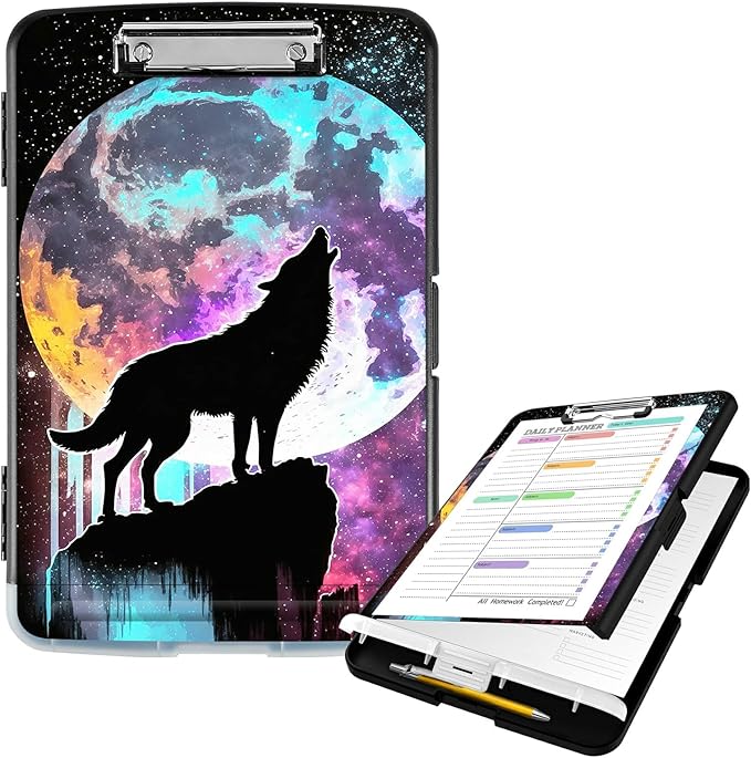 Clipboard with Storage High Capacity Plastic Nursing Clipboards with Pen Holder File Folder Storage Box Clipboard with Heavy Duty Clips for Teacher,Doctor,Offices-Galaxy Wolf