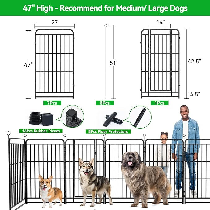 Heavy Duty Dog Playpen: 8 Steel Panels 47" Height, Square Steel Pipe with Reinforced Crossbars, 18FT 25 Sq.ft Portable Fence for Yard RV Camping, Snowy Black