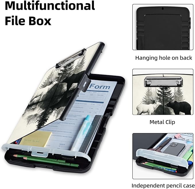 Clipboard with Storage Box & Pen Holder,Heavy Duty Clip Boards 8.5x11 for Nursing,High Capacity,School & Office Supplies,Deer Bear Forest