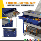 3 Tier Rolling Tool Cart on Wheels, 450 LBS Capacity Tool Cart with Drawers, Heavy Duty Rolling Utility Cart on Wheels, Rolling Tool Work Carts for Garage, Warehouse and Repair Shop,Grey Blue