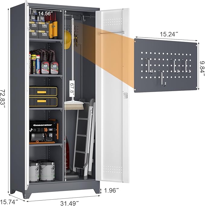 GREATMEET 72.8" H Metal Garage Storage Cabinets, Lockable Broom Closet Storage Cabinet with Doors and Shelves, Utility Cabinets for Storage Locker, Grey-White