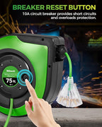 Retractable Cord Reel, 75 FT Heavy Duty Extension Cord, 14AWG/3C SJTOW, 3 Grounded Outlets Lighted Triple Tap, 10A Circuit Breaker, Wall/Ceiling Mounted, UL Listed, Green J75CR06