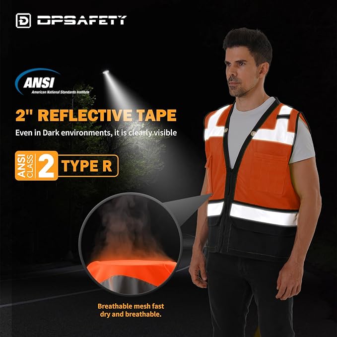 Reflective Safety vest With back plan pocket,High visibility Class 2 Heavy Duty Surveyor Vest with Zipper,Hi Vis Construction Work Vest for Men＆Women ANSI/ISEA(Orange-Bottom,XL)