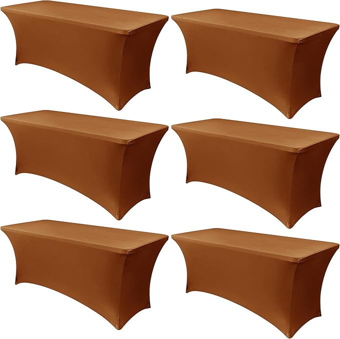 Obstal 6 Pack Stretch Spandex Table Covers for 6 Foot Tables - 6 FT Universal Rectangular Fitted Tablecloth Protector for Wedding, Banquet, Party, 72 Length x 30 Width x 30 Height Inches, Light Coffee