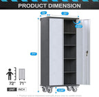Rolling Garage Storage Cabinet with Locking Door and Shelves, 71''H Lockable Metal Storage Cabinet on Wheels, Steel Tool Cabinet for Warehouse, Basement, Utility Room, Black&Gray