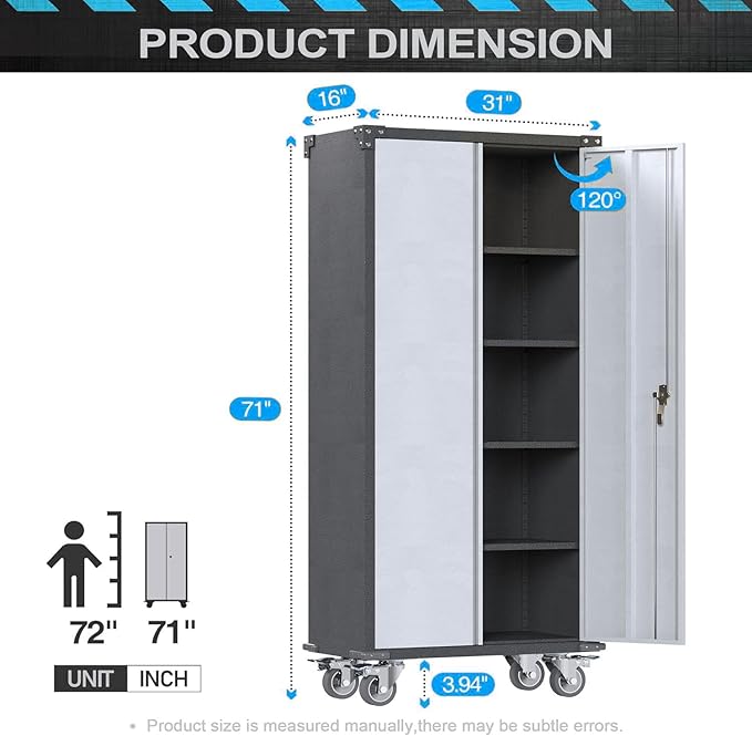 Rolling Garage Storage Cabinet with Locking Door and Shelves, 71''H Lockable Metal Storage Cabinet on Wheels, Steel Tool Cabinet for Warehouse, Basement, Utility Room, Black&Gray