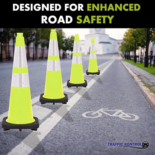6 Pack 28" Inch Lime Traffic Safety Cones with Dual Reflective Collars - High Visibility Industrial Pylons Traffic Cones for Road, Parking Lots, Driving, Construction