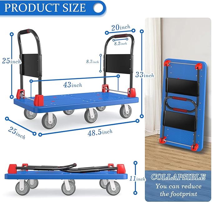Heavy-Duty Platform Truck Cart with 2 Handrails and 6 of 6" Wheels 2200lbs Capacity Foldable Push Cart Dolly Large Flatbed Hand Cart Moving Dolly Cart for Groceries, Garage, Warehouse (50" L x 27" W)