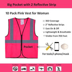 Pink Safety Vests 10 Pack - Reflective High Visibility Construction ANSI Class 2 Work Vests for Men,Woman with Zipper,Hi Vis Mesh and Neon Silver