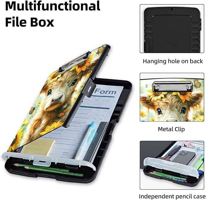 Clipboard with Storage Box & Pen Holder,Heavy Duty Clip Boards 8.5x11 for Nursing,High Capacity,School & Office Supplies,Sunflower Calf