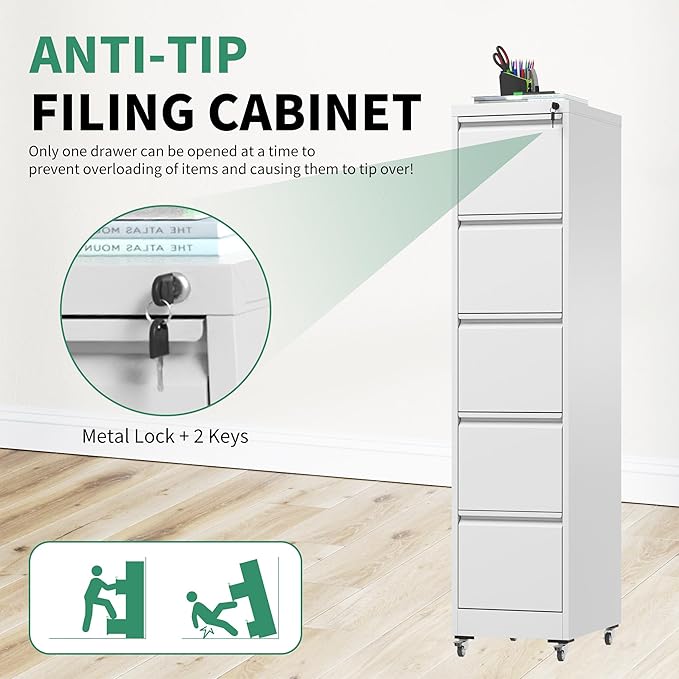 5 Drawer Mobile File Cabinet, Under Desk File Cabinet,Metal Filing Cabinets with Lock for Home Office Organizer Letter/Legal/A4,Require Assembly (Black)