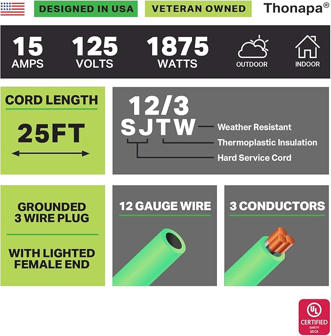 25 Foot Outdoor Extension Cord - 12/3 Heavy Duty Neon Green Extension Cable with 3 Prong Grounded Plug for Safety - Great for Garden and Major Appliances