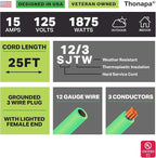 25 Foot Outdoor Extension Cord - 12/3 Heavy Duty Neon Green Extension Cable with 3 Prong Grounded Plug for Safety - Great for Garden and Major Appliances