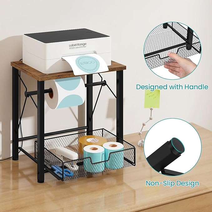 ELITEROO Label Holder for Rolls and Fan-Fold Labels, Wooden Thermal Label Holder for Desktop Label Printer, Shipping Label Stand for Thermal Printer Accessory, for Home Office Small Businesses, Brown