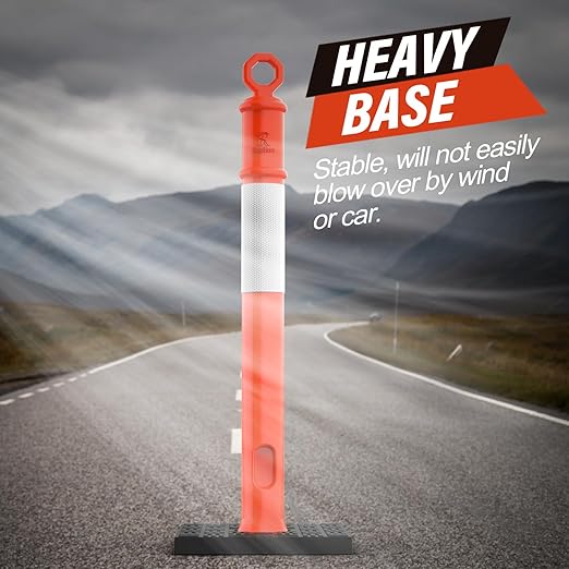 RoadHero 45 Inch Delineator Post with Base, Portable Orange Traffic Delineator Posts Cones with Reflective Collars for Parking Lots, Road Safety, Construction Events 6 Pack