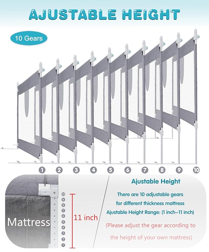 MBQMBSS 52'' Bed Rail for Toddlers, Baby Bed Guard Rails - Fit for Wide Side of Full Size Bed, Extra Tall Safety Bedrails for Kids, Adjustable Height, with Extra Y-Shaped Reinforcement Strap