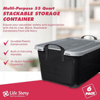 Life Story 6 Pack Heavy Duty Stackable Storage Bin, 55 Quart Home Organizer, Versatile Lightweight Locking Bins with Carrying Handles, Black/Gray