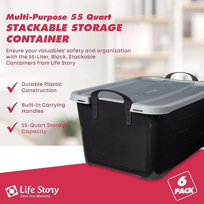 Life Story 6 Pack Heavy Duty Stackable Storage Bin, 55 Quart Home Organizer, Versatile Lightweight Locking Bins with Carrying Handles, Black/Gray