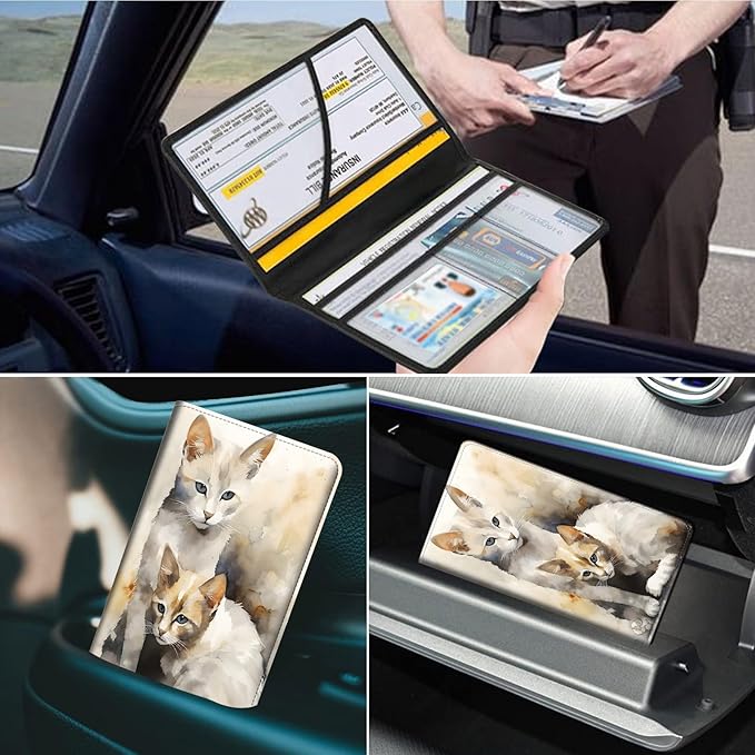 Car Registration and Insurance Holder, Leather Car Glove Box Organizer, Cool Car Accessories for ID, Driver's License Cards & Essential Document,business cards,Men&Women,Cat Gray