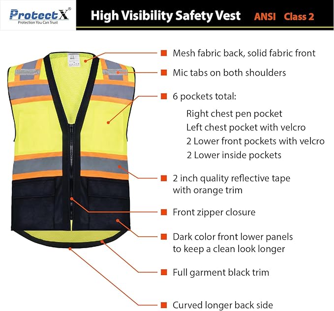 ProtectX 6 Pockets High Visibility Safety Vest for Men Women Class 2 Reflective Hi Vis Work Construction Vest
