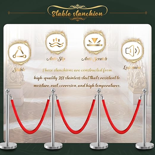 6Pcs Sliver Stanchion Post Queue Velvet Ropes and Posts with Soild Base and 4pcs 5 Ft Red Velvet Ropes Carpet Ropes Posts Stanchion Set Crowd Control Barriers for Party Supplies