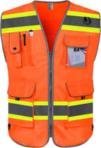 TCCFCCT Reflective Safety Vest for Men Women 9 Pockets High Visibility Vest with Fluorescent Yellow Extend Edge, Hi Vis Security Work Vest for Surveyors, Durable and Breathable, (DB-Orange, XX-Large)